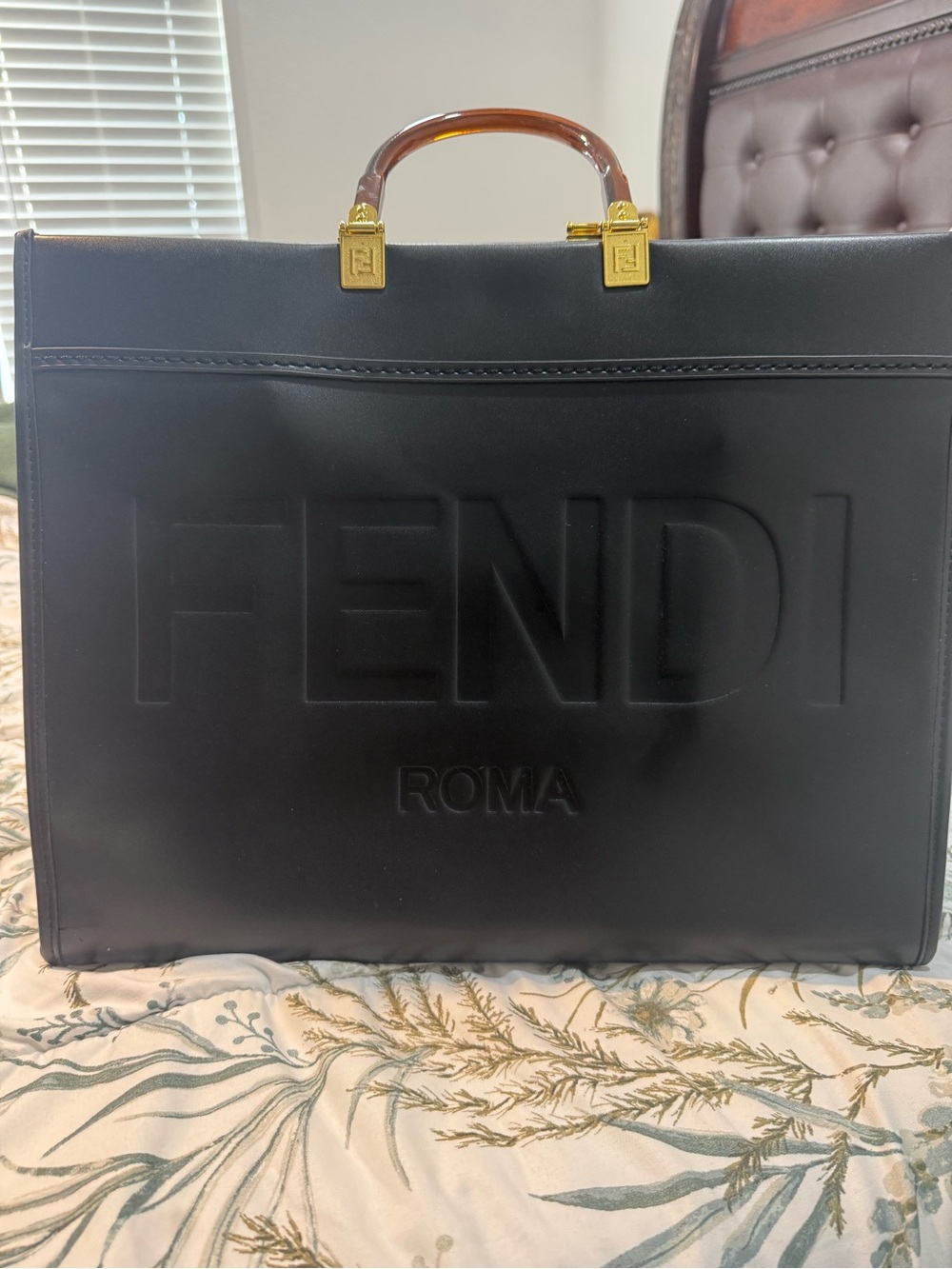 Fendi Black ROMA Embossed Leather Top-Handle Briefcase with Tortoiseshell Handle